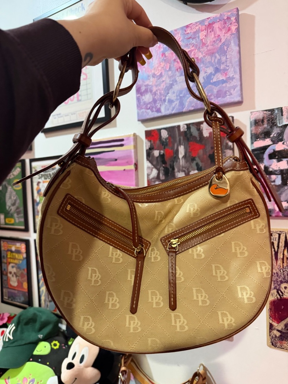 Vintage Dooney & Bourke Tan Logo Hobo Bag with Brown Trim